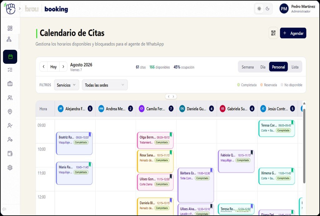 brou booking: calendario de citas por personal, sede y estado de ocupación
